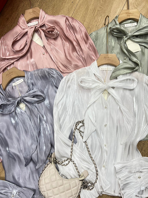 Casual Collar Tie Shirts With Long Lantern Sleeves
